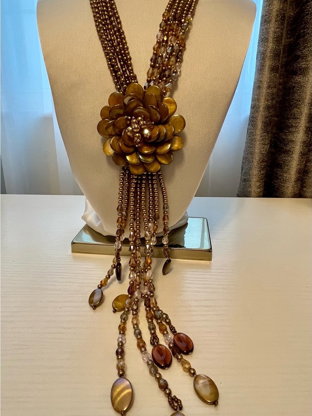 Joan Rivers Starlet Style Bronze Multi Strand Flower Lariat Tassel Necklace
